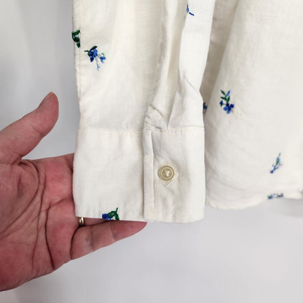 Loft White Linen Blend Floral Embroidered Collared Button Up Shirt Women's L - Picture 6 of 8